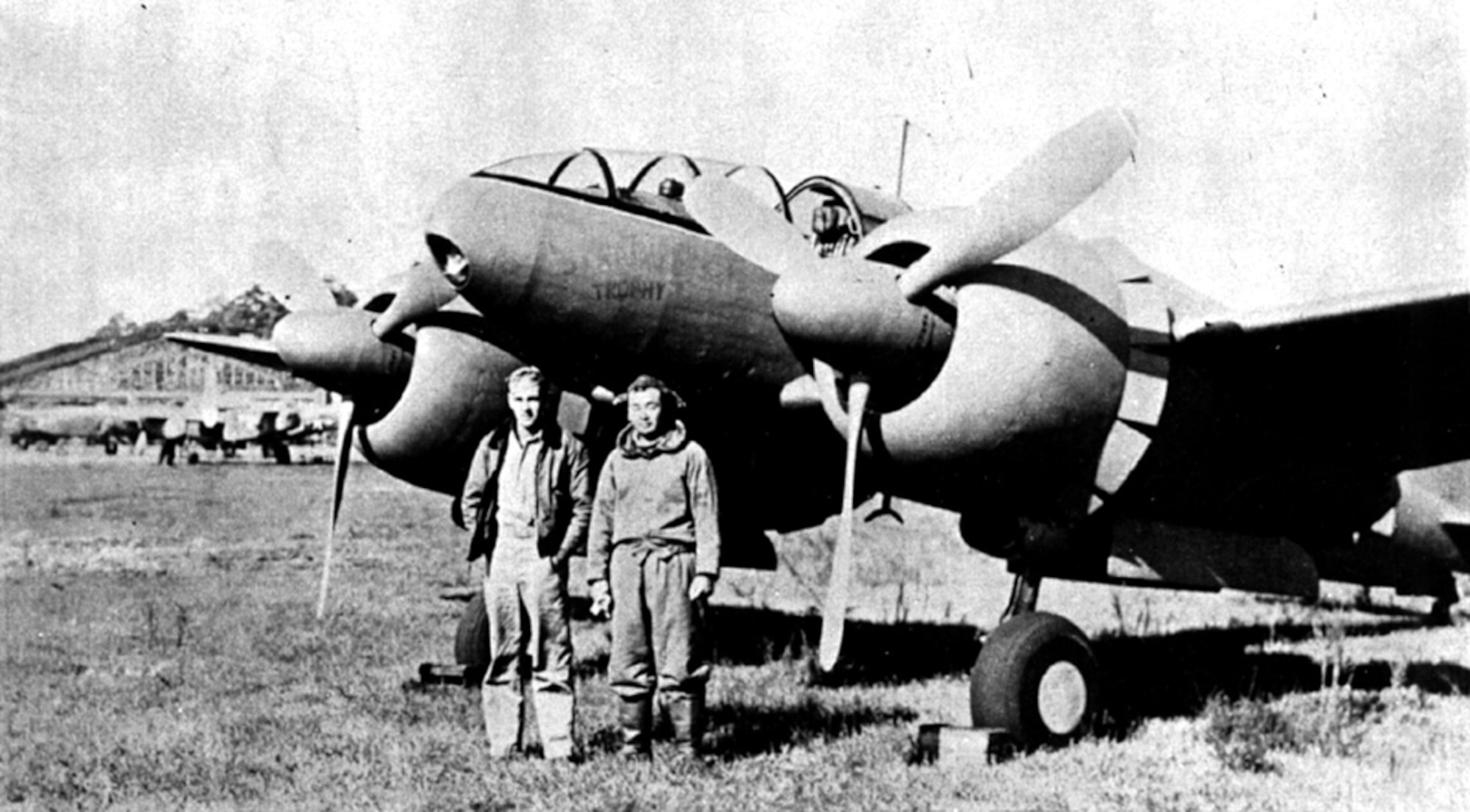 YOKOTA AIR BASE, Japan -- Maj. Piper (left) of the 2nd Combat Cargo Group poses with test pilot;, Maj. Furukawa in front of a Japanese Ki-46 type 100-4 reconnaissance
aircraft on Oct. 29, 1945 during the transition to American control of Yokota Air Base. (Courtesy photo/Richard K. Pool)
