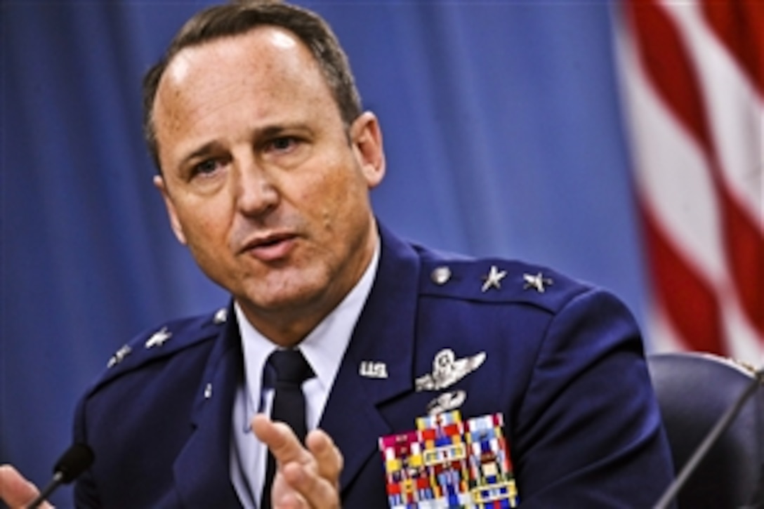 Air Force Maj. Gen. Noel Jones briefs the media on the F-22 Scientific Advisory Board findings at the Pentagon, March 29, 2012.