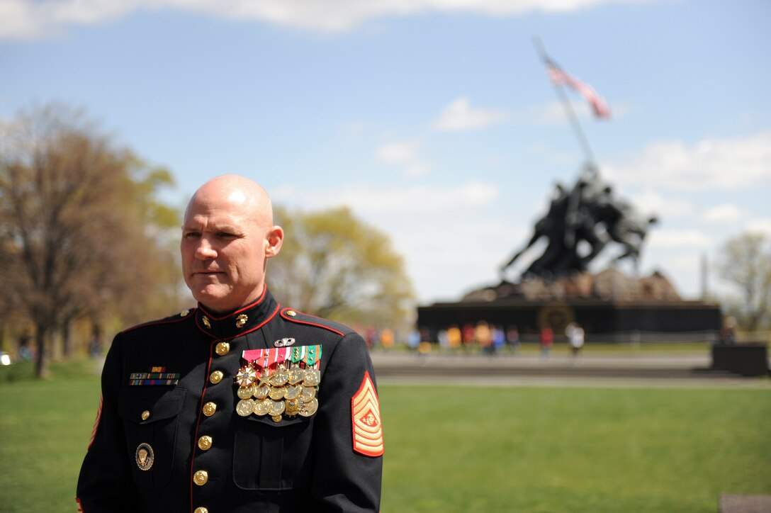 Sgt. Maj. Micheal P. Barrett, the 17th Sergeant Major of the Marine Corps, films a video message for the 2012 All Service Enlisted Ball at the Marine Corps War Memorial in Washington, D.C., March 29, 2012. More images of Sgt. Maj. Barrett are available at http://www.marines.mil/unit/hqmc/smmc/Pages/photos.aspx