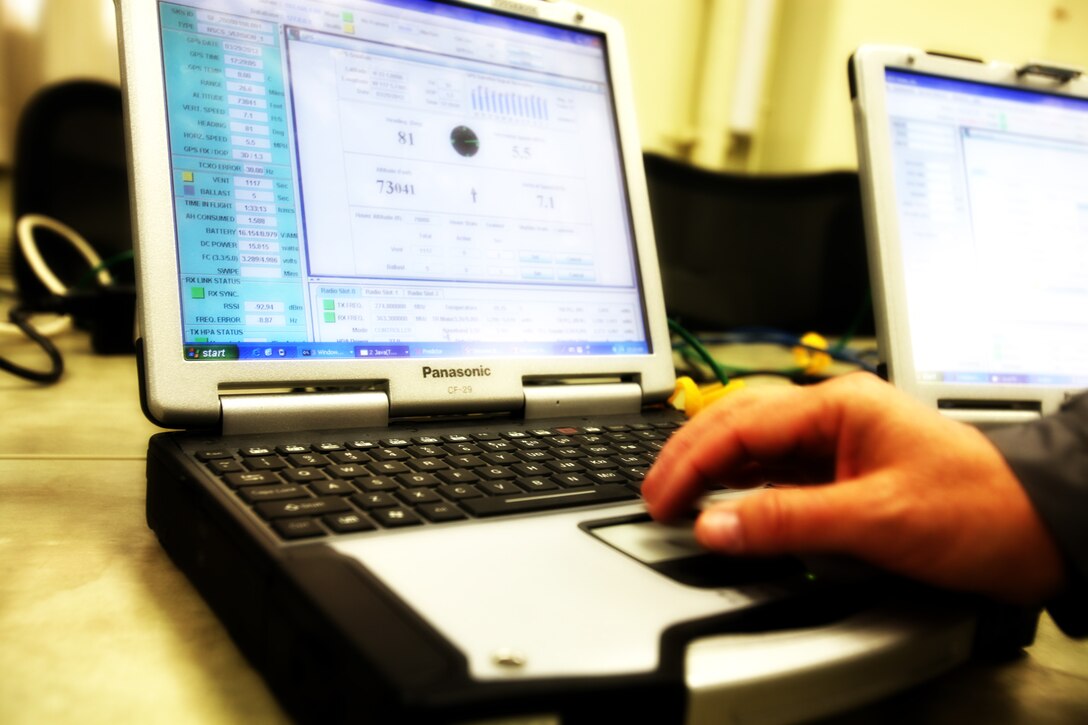 Jerry Quenneville, vice president, Space Data Corporation, tracks the Combat SkySat communication system, during the 15th Marine Expeditionary Unit’s first test of the relaying system at Camp Pendleton, Calif., March 29. The SkySat uses a helium balloon with a hanging antenna to relay UHF signals. Flying at an altitude between 55,000 – 85,000 ft. in the Earth’s stratosphere, the balloon increases the range of communication up to 600 miles in diameter and expands the capabilities of the Marine Air Ground Task Force.