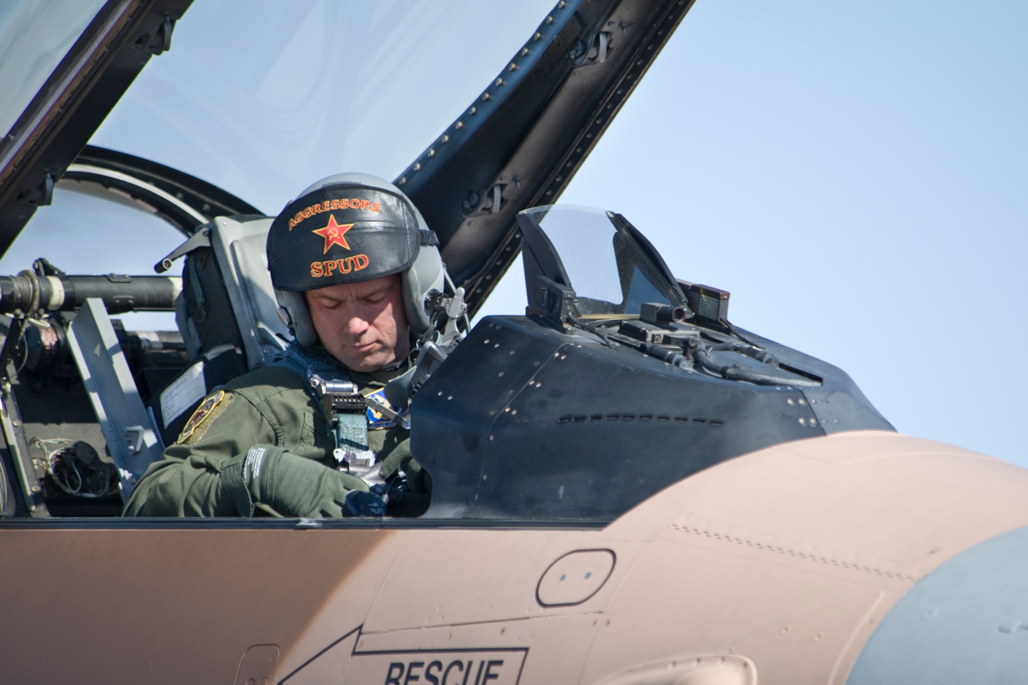 Lt. Col. Dean Caldwell, 706th Fighter Squadron commander, prepares for takeoff to join the Red Flag exercise here Mar. 2. Caldwell is an Aggressor pilot, responsible for simulating enemy air during Red Flag exercises to train flying forces on how to combat potential threats. (U.S. Air Force photo/Larry Crespo)