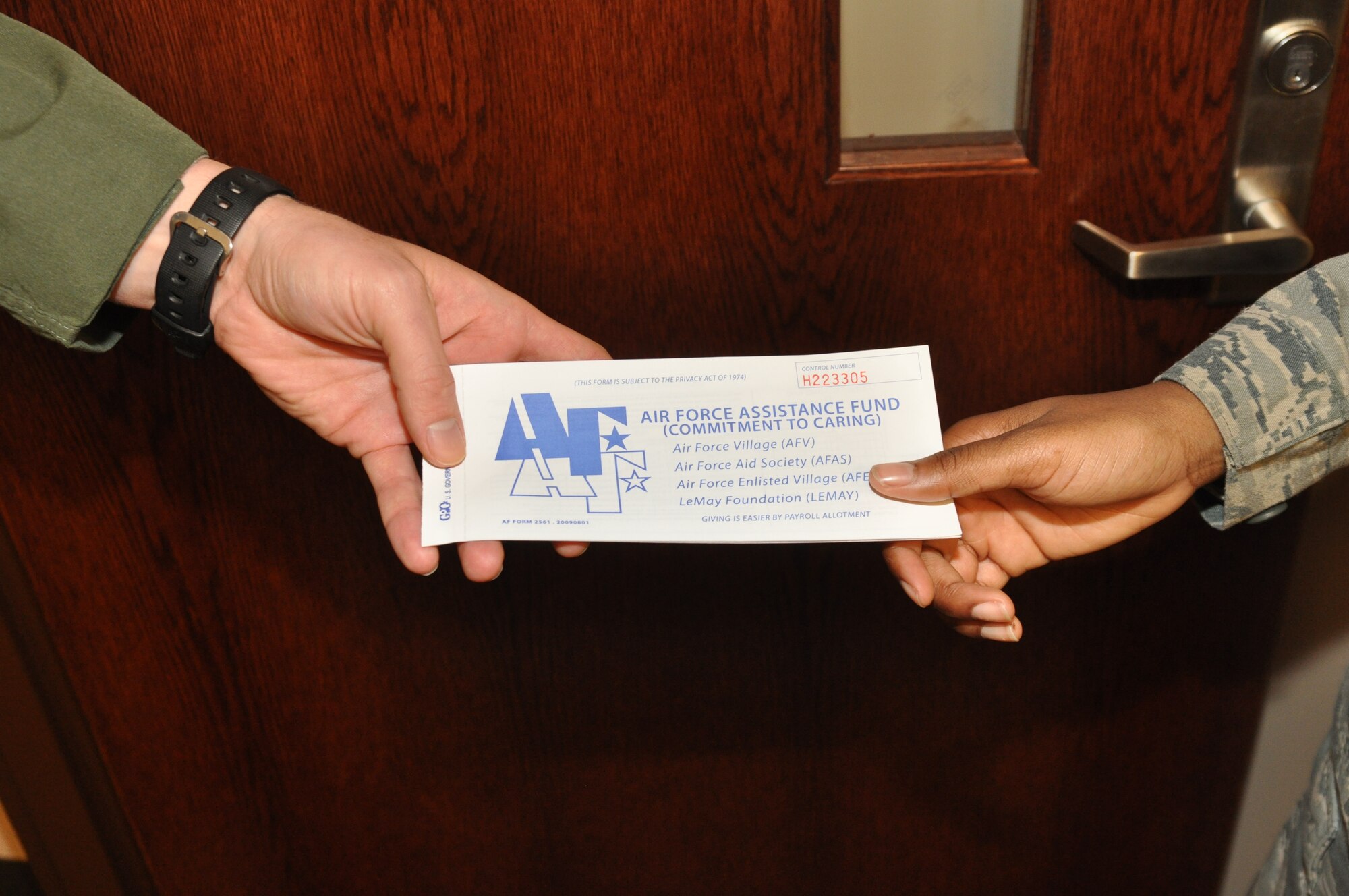 Air Force Assistance Fund donation forms like this will be handed out from March 26 to May 4 by unit POC’s.  Columbus Air Force Base is currently participating in a six-week long campaign to raise over $33,000 for the AFAF.  (Air Force Photo/Airman 1st Class Charles Dickens)