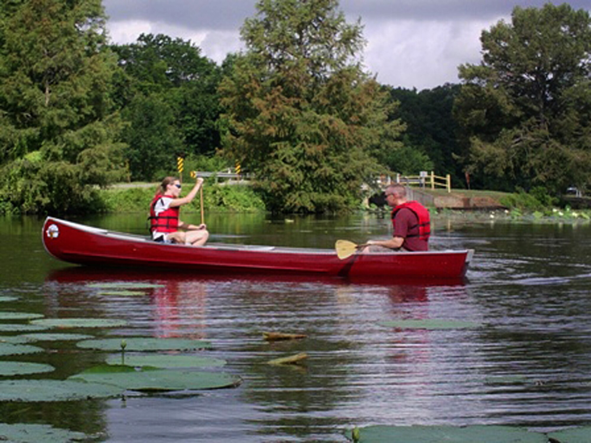 Barksdale team members canoe at Flag Lake on Barksdale Air Force Base, La. Outdoor Recreation has an abundance of equipment for rent to be used for recreational activities, such as camping and fishing equipment, boats, life jackets and party items. (Courtesy photo)(RELEASED)