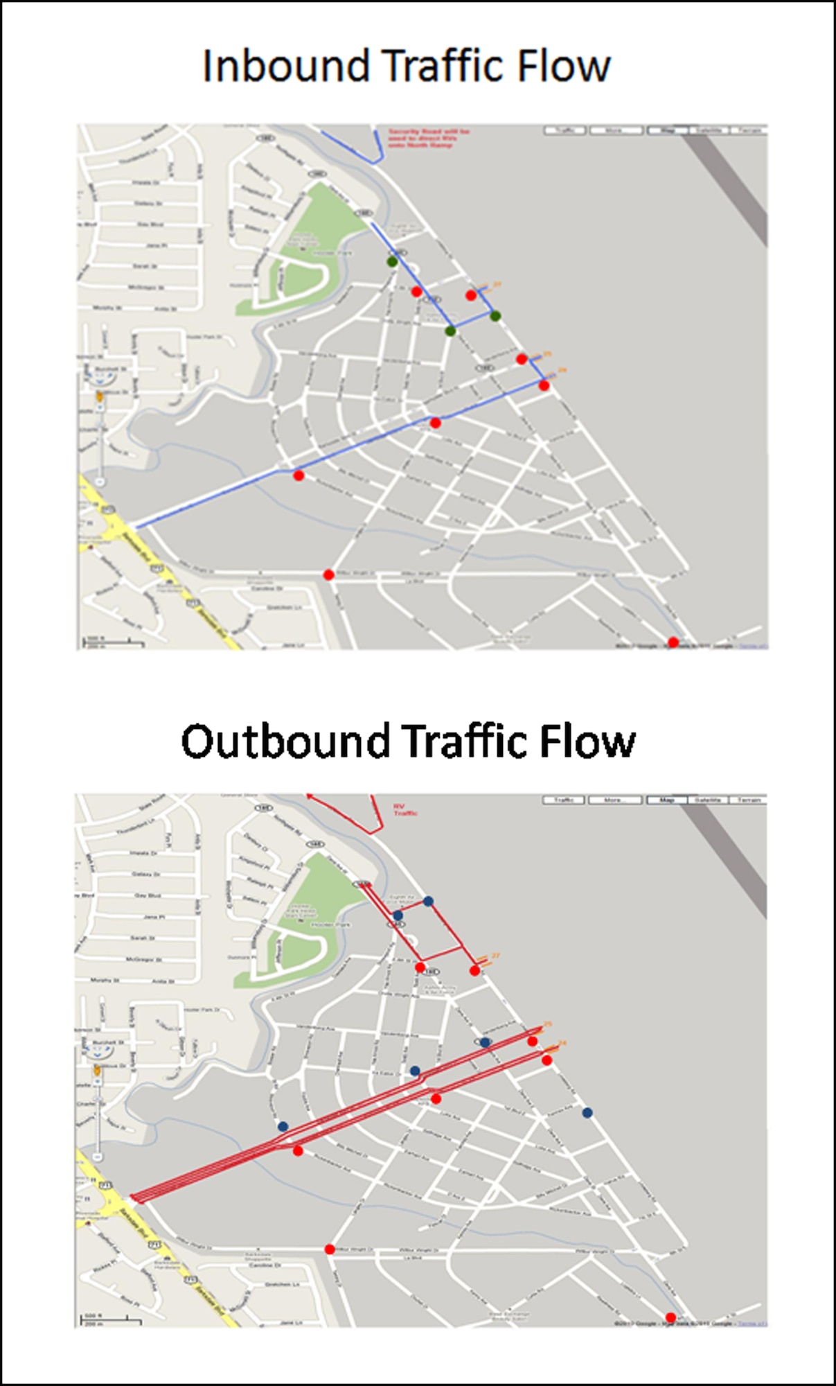 The modified inbound and outbound routes from the West and North Gates on Barksdale Air Force Base during the annual Defenders of Liberty Air Show, scheduled for April 21-22. People with base access may enter the main part of the base through the South Gate, and those wishing to access the East side of the base may enter the East Gate. All traffic entering the West and North Gates will be diverted to the air show public parking area. (U.S. Air Force graphic/Tech. Sgt. Mike Andriacco)(RELEASED)