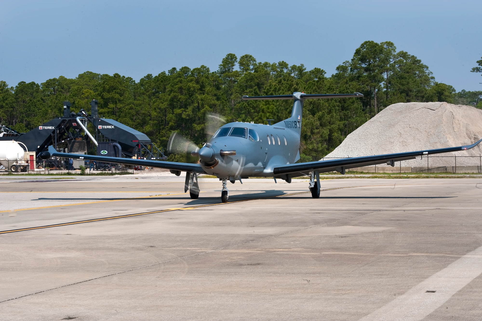 A U.S. Air Force PC-12 flown by Lt. Col. Jeffrey P. Neely, director of operations at 319th Special Operations Squadron, during Neely?s final flight as an Air Force pilot taxis on the flight line on Hurlburt Field, Fla., March 27, 2012. Neely logged more than 6,600 total hours of flight since he began his career as a pilot August 31, 1991. (U.S. Air Force photo/Airman 1st Class Christopher Williams)(Released)
