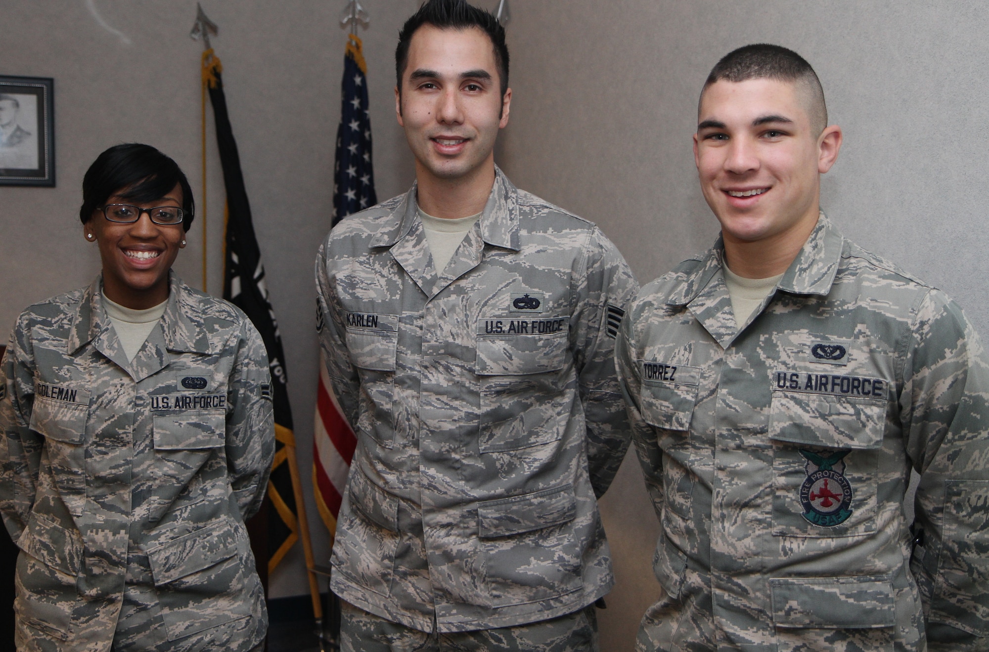 Welcome the newest members of the 932nd Airlift Wing: From left, are Airman First Class Darrielle Coleman, 932nd Force Support Squadron; Staff Sgt. Nathan Karlen, 932nd Maintenance Squadron; and Airman Basic Nicholas Torrez, 932nd Civil Engineer Squadron. During the March weekend drill, the reservists received command and quality of life briefings from various wing agencies. (U.S. Air Force photo/Tech. Sgt. Christopher Parr) 