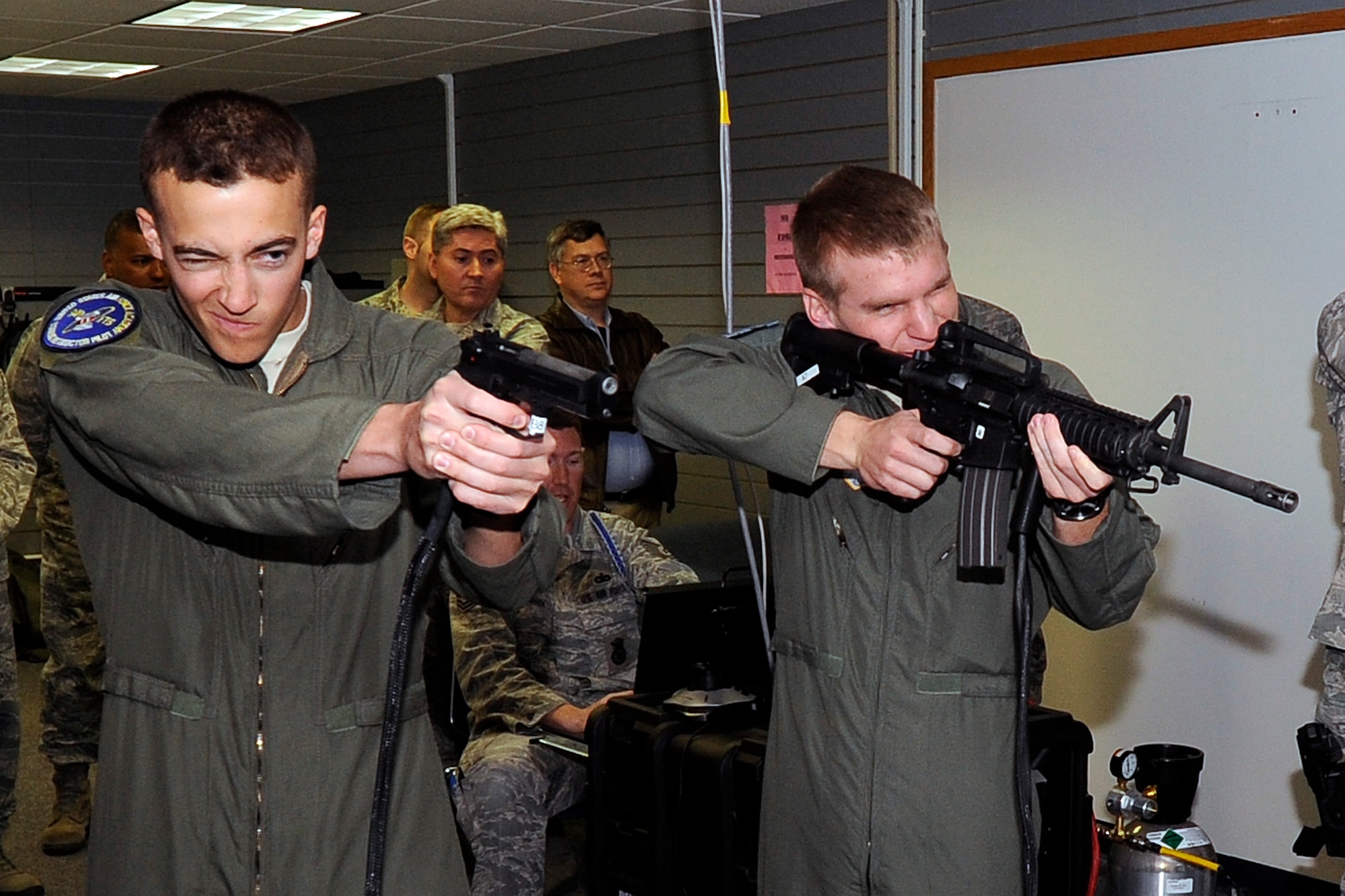 The simulator offers cadets different training exercises such as a video training mode, a computer graphic mode, reload drills, stoppage drills, direct fire planning for team leaders and moving targets.  (U.S. Air Force Photo/Mike Kaplan)