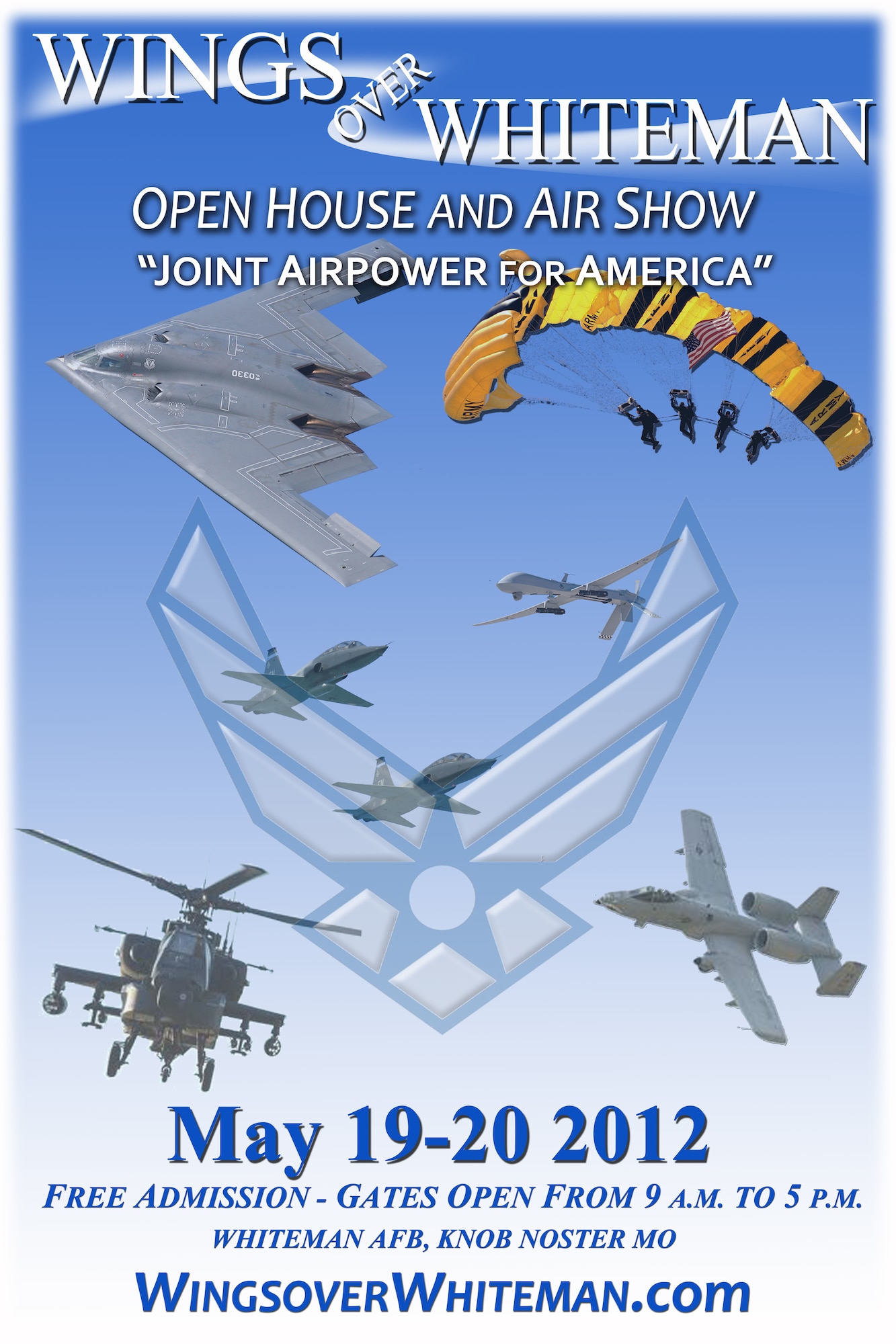WHITEMAN AIR FORCE BASE, Mo. -- The 2012 Wings Over Whiteman Open House and Air Show is scheduled May 19 and 20, 2012. This free, family oriented event is expected to draw spectators from all over the region. Gates are open from 9 a.m. to 5 p.m. For additional information, go to wingsoverwhiteman.com or click "like" via Facebook. (U.S. Air Force Graphic Illustration/509th Bomb Wing Public Affairs)

