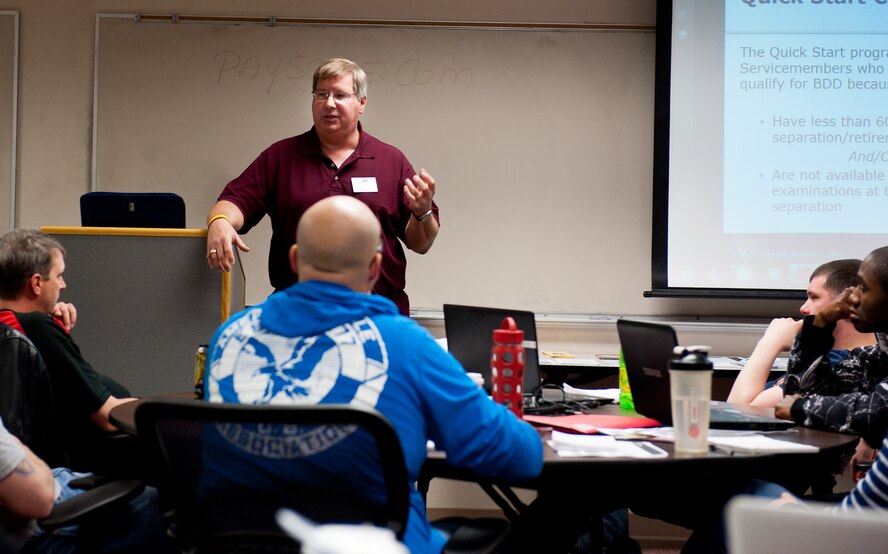 Neal Lutke, Pennington County Veterans Service Office staff member, many of the VA benefits available to Airmen during a Transition Assistance Program class in the Airmen and Family Readiness Center on Ellsworth Air Force Base, S.D., March 26, 2012. The TAP classes provide Airmen with information and resources to assist them as they separate or retire from the Air Force. (U.S. Air Force photo by Airman 1st Class Kate Thornton/Released) 