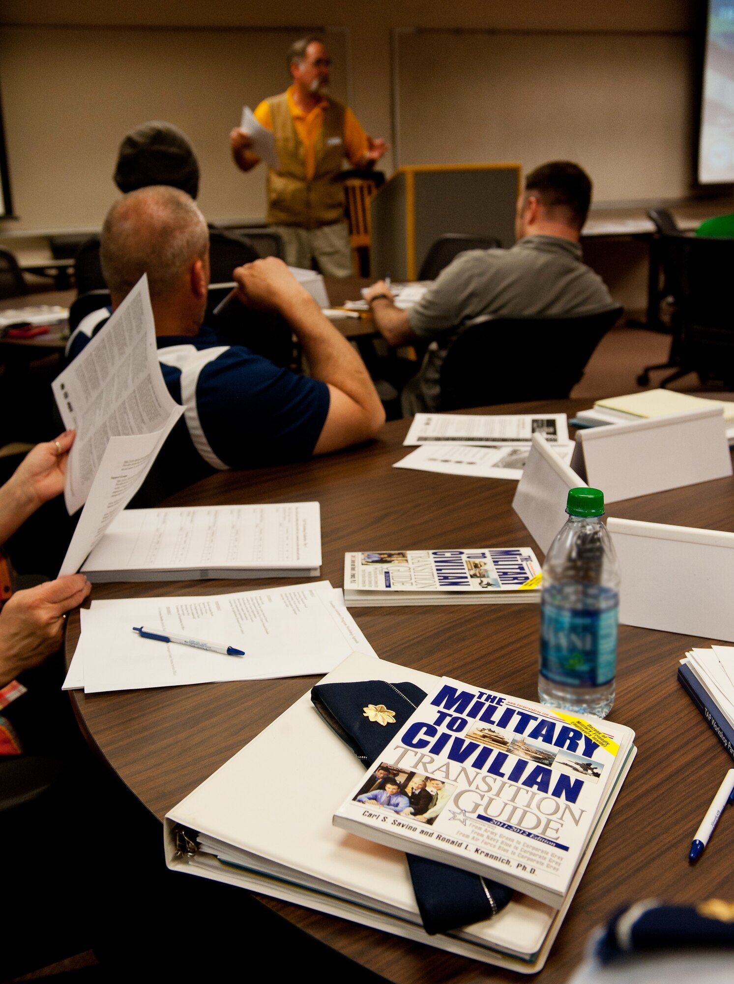 A variety of informational material is made available to Airmen attending a Transition Assistance Program class in the Airmen and Family Readiness Center on Ellsworth Air Force Base, S.D., March 26, 2012. Airmen preparing to separate from the Air Force are given various guides and information to assist them during their transition to civilian life. (U.S. Air Force photo by Airman 1st Class Kate Thornton/Released)