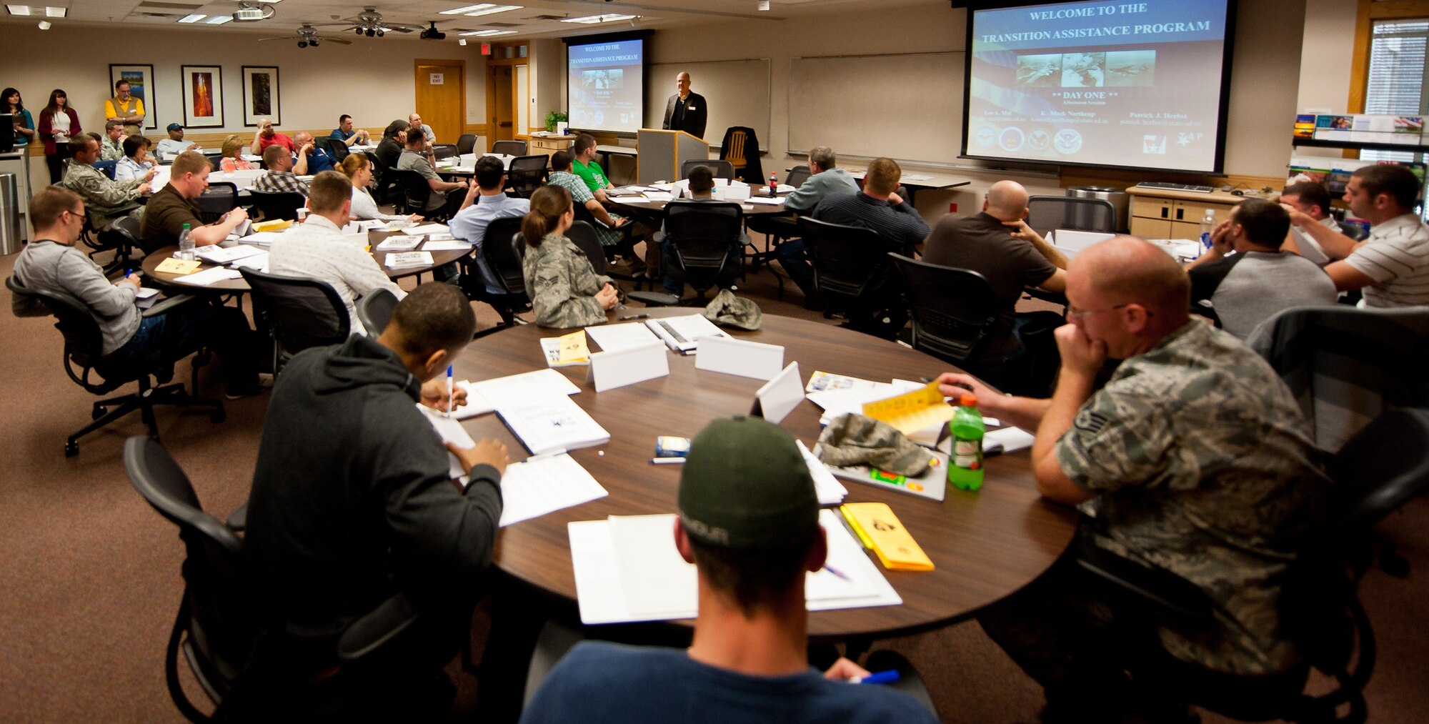 Airmen participate in a Transition Assistance Program class in the Airmen and Family Readiness Center on Ellsworth Air Force Base, S.D., March 26, 2012. The program is designed to ease the transition from military to civilian life when Airmen and their families are planning to separate or retire from the Air Force. (U.S. Air Force photo by Airman 1st Class Kate Thornton/Released) 