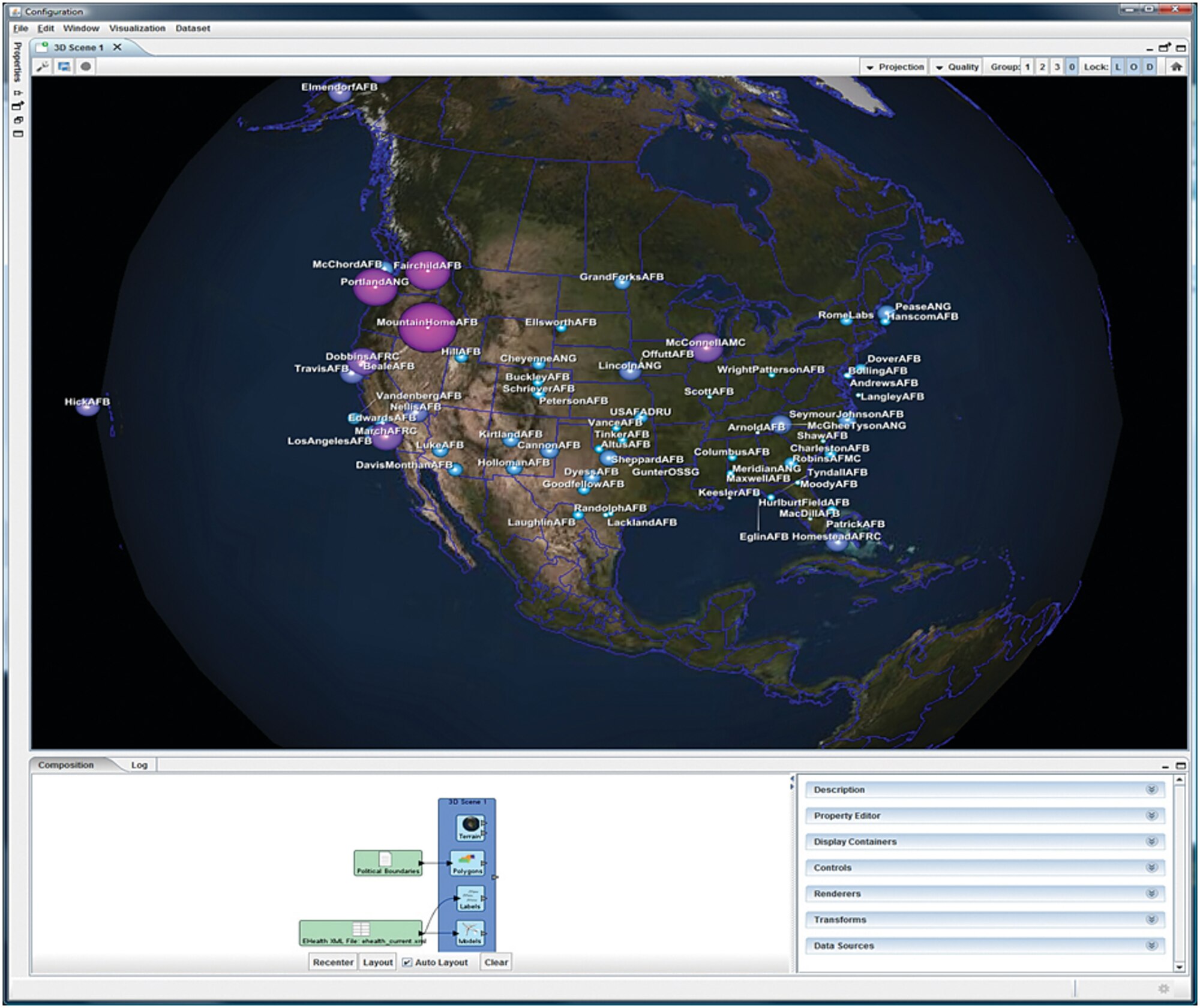 This screen shot shows E-Health Latency data, represented via Air Space Cyber-User Defined Operational Picture (ASC-UDOP). (AFRL Image)