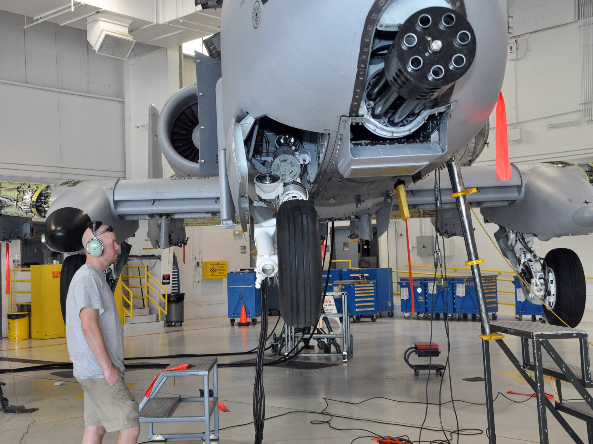 John Tischhauser, 442nd Aircraft Maintenance Squadron technician, checks the descent of the front landing gear on an A-10 Thunderbolt II phase inspection check as part of the inspection cycle,  March 28, 2012. The 442nd AMXS is part of the 442nd Fighter Wing, an A-10 Air Force Reserve unit at Whiteman Air Force Base, Mo. (U.S. Air Force Photo/Senior Airman Wesley Wright)
