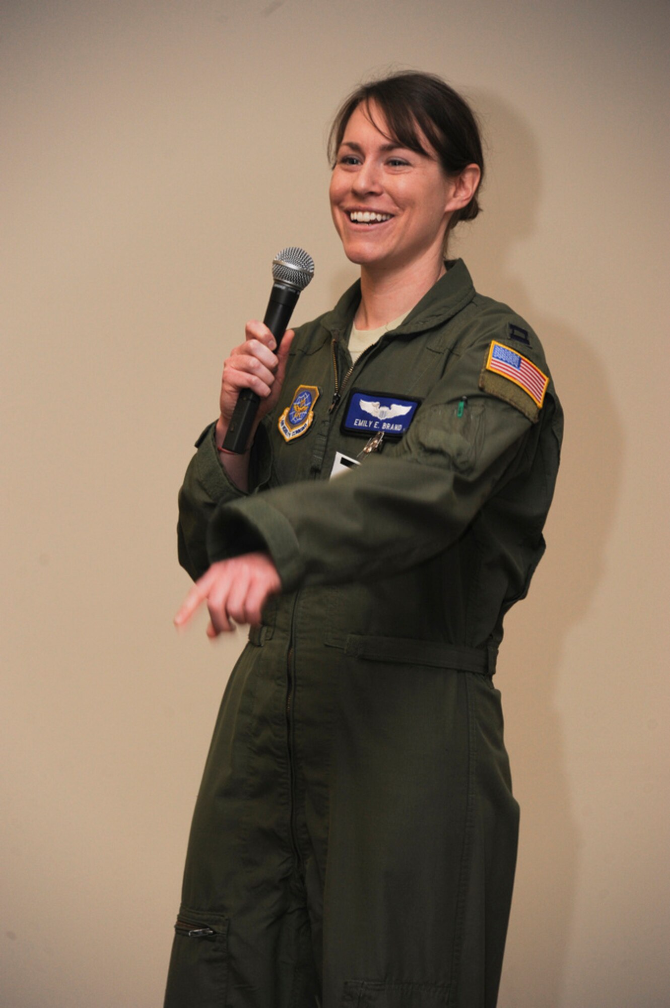 Capt. Emily Brand, a 6th Airlift Squadron C-17 Globemaster III aircraft commander from Salem, Ore., speaks to Boeing employees at the Boeing Women in Leadership event March 20 at a Boeing facility in Ridley Park, Pa. The event, which originated over 10 years ago from a Boeing facility in Seattle, is held during Women's History Month and is designed to focus on women in the workplace. (U.S. Air Force photo by 2nd Lt. David J. Murphy/Released)