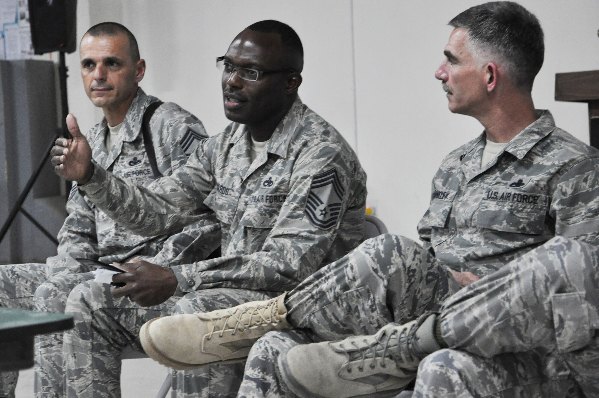 Southwest Asia -- Chief Master Sgt. Reginald Edwards, 332nd Expeditionary Operations Group, speaks to 332nd Air Expeditionary Wing members at a Senior NCO progression briefing March 29, 2012 at an undisclosed location in Southwest Asia. Edwards and five other senior leaders sat on a panel to give promotion advice to NCOs and answer questions. Edwards is deployed from the Washington D.C. National Guard. (U.S. Air Force photo by Senior Airman Melanie Holochwost)