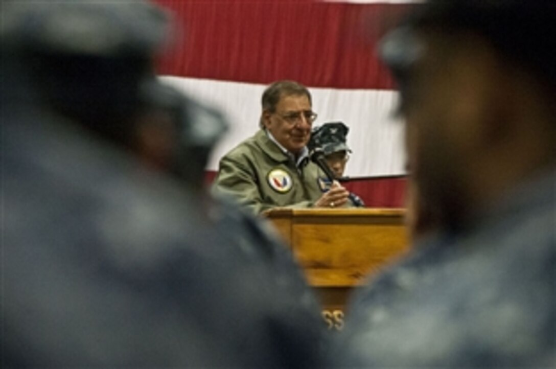 Defense Secretary Leon E. Panetta addresses sailors and Marines on board the USS Peleliu in the Pacific Ocean off the coast of San Diego, March 30, 2012. The secretary visited several areas on board the ship as well as also viewing flight operations on deck.