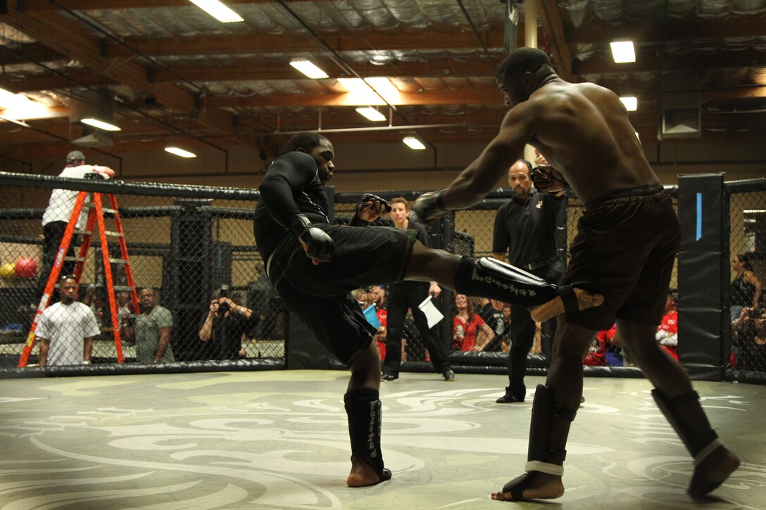 Dahlen Wilson (left) throws a kick at his teammate Brandon Collins in the match for the light-heavyweight gold medal at USA Pankration World Team Trials and National Championship at Xtreme Couture in Las Vegas March 31, 2012.