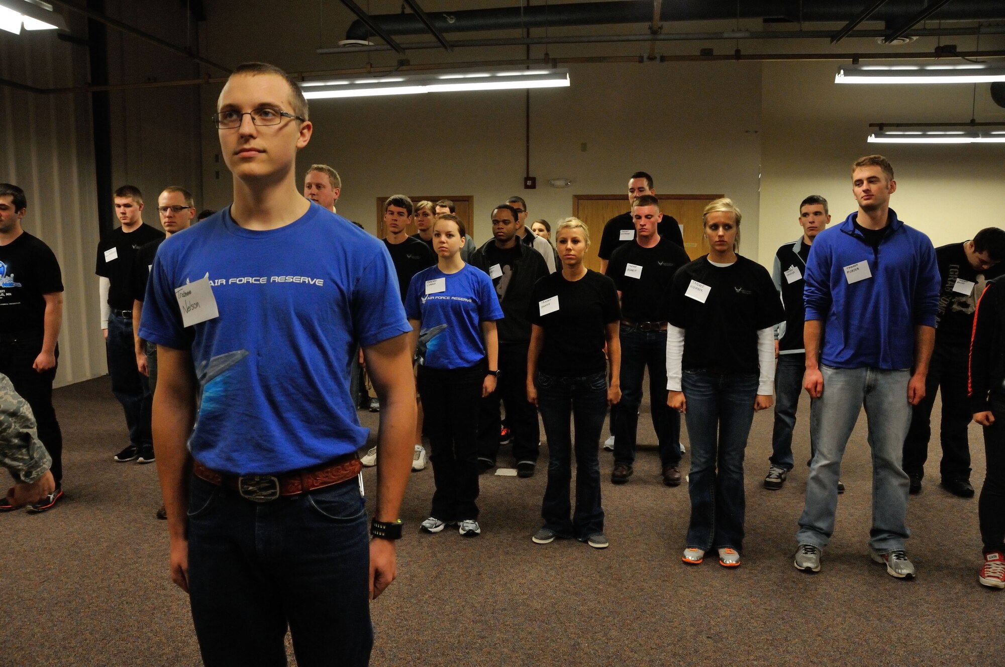 Developmental Training Flight participants practice facing movements, Mar. 31.  The 934th Airlift Wing?s DTF was initiated to familiarize delayed-entry program participants with aspects of military life, including formations, customs and courtesies, and dress and appearance. Minneapolis-St. Paul Air Reserve Station, Minn. (U.S. Air Force photo by Tech Sgt. Bob Sommer)