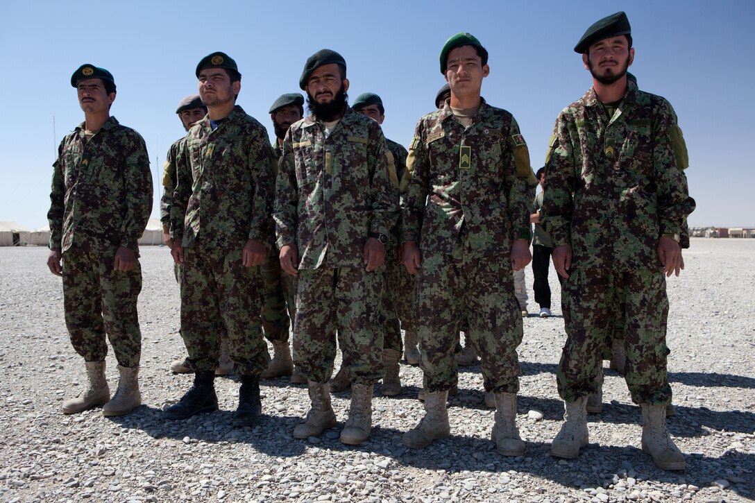 Afghan National Army soldiers from 2nd Brigade, 215th Corps stand in formation awaiting the start of a mechanics course graduation, April 28, 2012. Thirteen soldiers attended the month-long course, learning how to repair diesel truck engines.