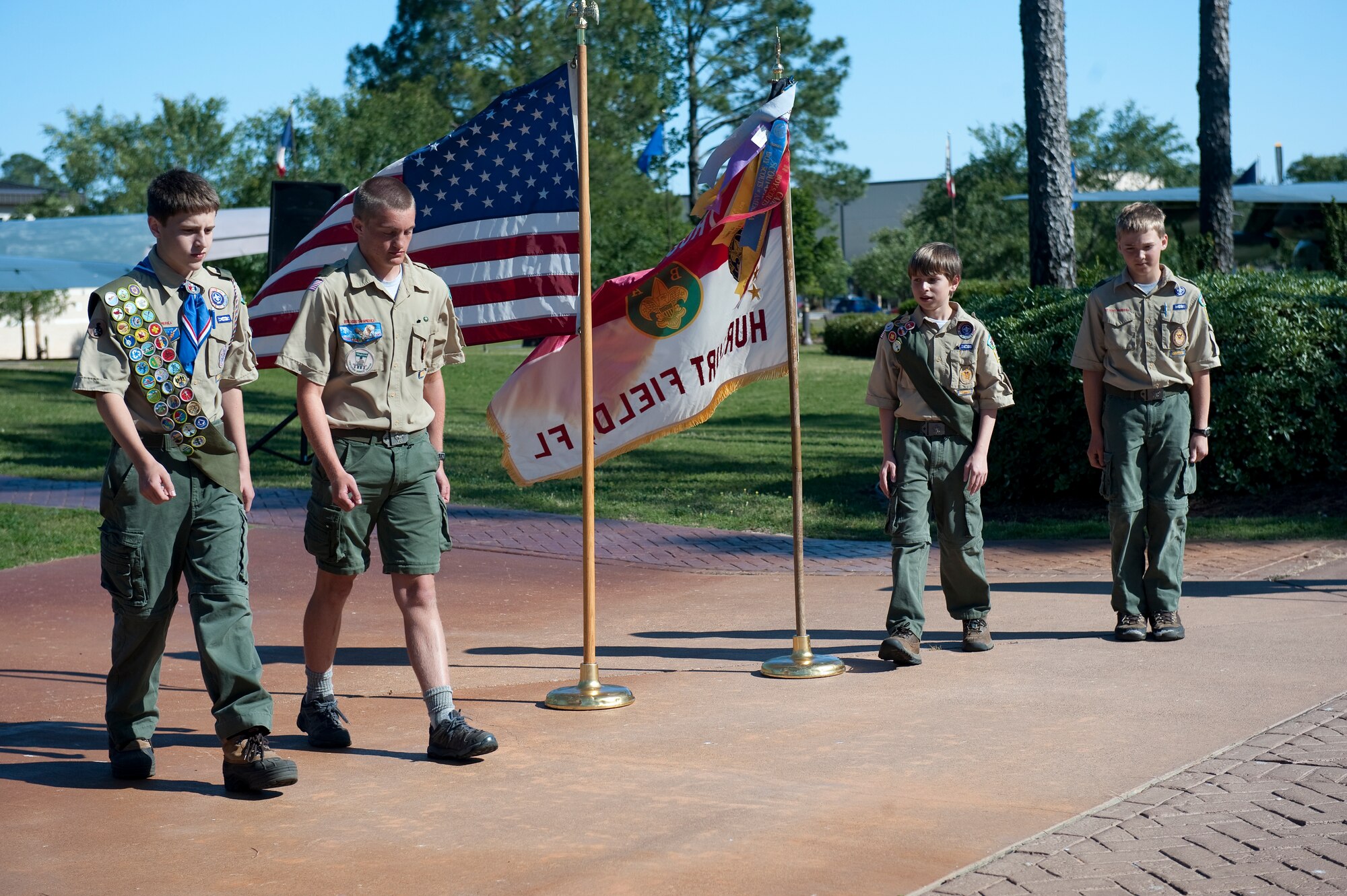 Scouts from Boy Scouts of America Troop 509 post the colors during a proclamation-signing ceremony at the Airpark on Hurlburt Field, Fla. April 24, 2012. Col. Jim Slife, commander of 1st Special Operations Wing, and his wife Gwendolyn each signed respective proclamations as part of the month-long observance highlighting the contributions and wellbeing of the nation’s nearly two million military children.  (U.S. Air Force photo by Airman 1st Class Christopher Williams) (RELEASED)