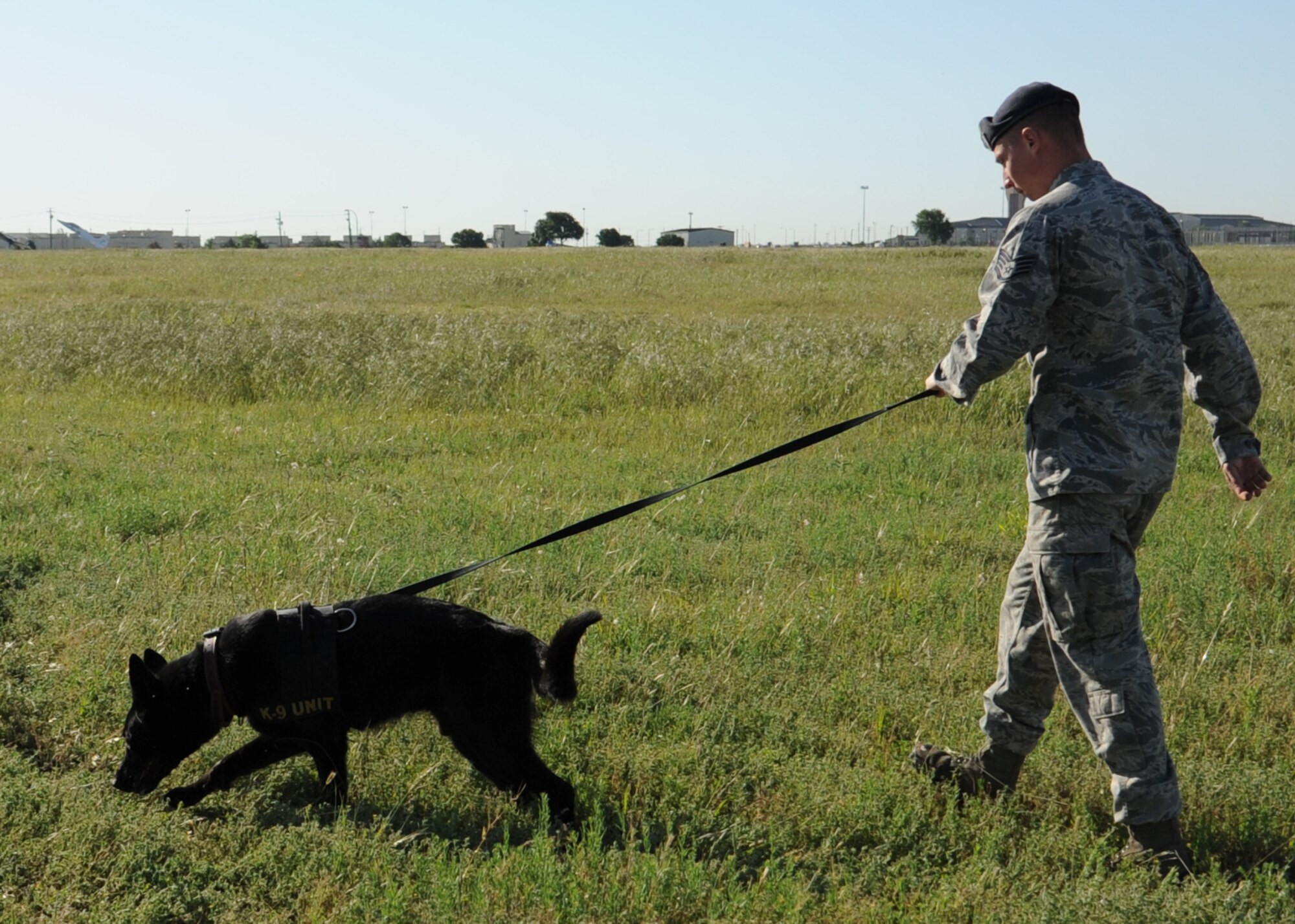 Staff Sgt. Jonathan Van Etten, 82nd SFS military working dog handler, and his MWD Larry, conduct an area sweep April 23, 2012. Van Etten, was recognized at the Air Force level and received the Elizabeth N. Jacobson Award for expeditionary excellence in San Antonio, Texas, at a security forces focus group held April 24-26.
