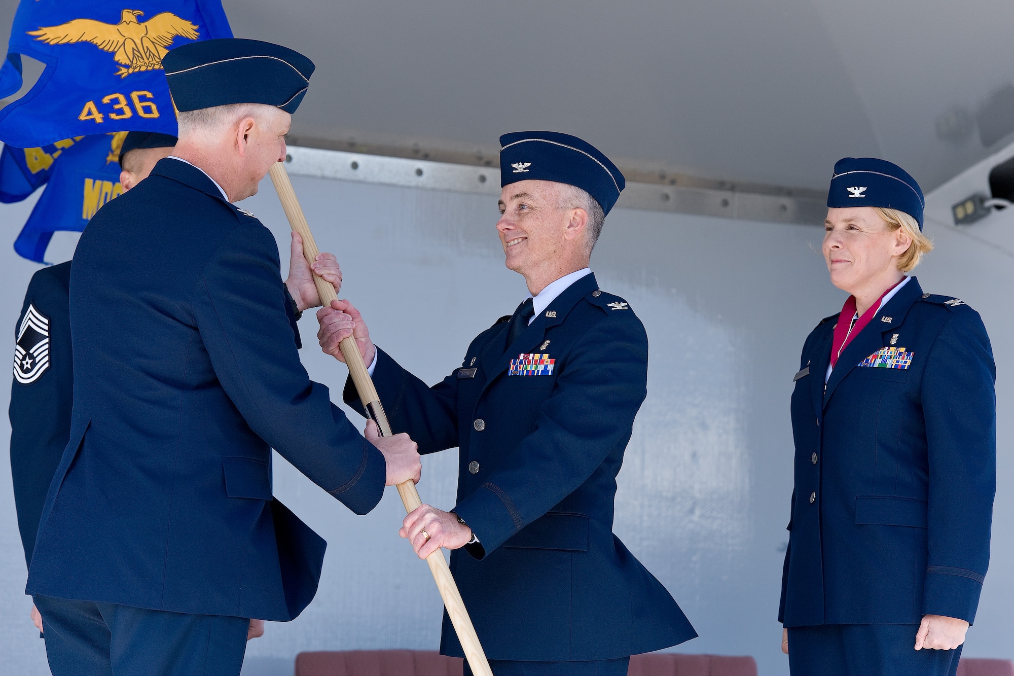 The 436th Medical Group Change of Command ceremony was held April 13, 2012 at The Air Mobility Command Museum, Dover Air Force Base, Del. Col. Sharon Bannister relinquished command to Col. Kevin Murphy. Col. Mark Camerer, commander, 436th Airlift Wing, Dover Air Force Base, Del., officiated the ceremony. (U.S. Air Force photo/Roland Balik)