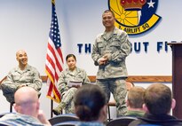 Tech. Sgt. Ronelo Navarro, 436th Maintenance Squadron, gives an impromptu speech during the Toastmasters International table topics session April 25, 2012, at Dover Air Force Base, Del. Members of the “Dover Air Power” Toastmasters Club attended the meeting, seeking to improve their leadership and communication skills. (U.S. Air Force photo by Roland Balik)