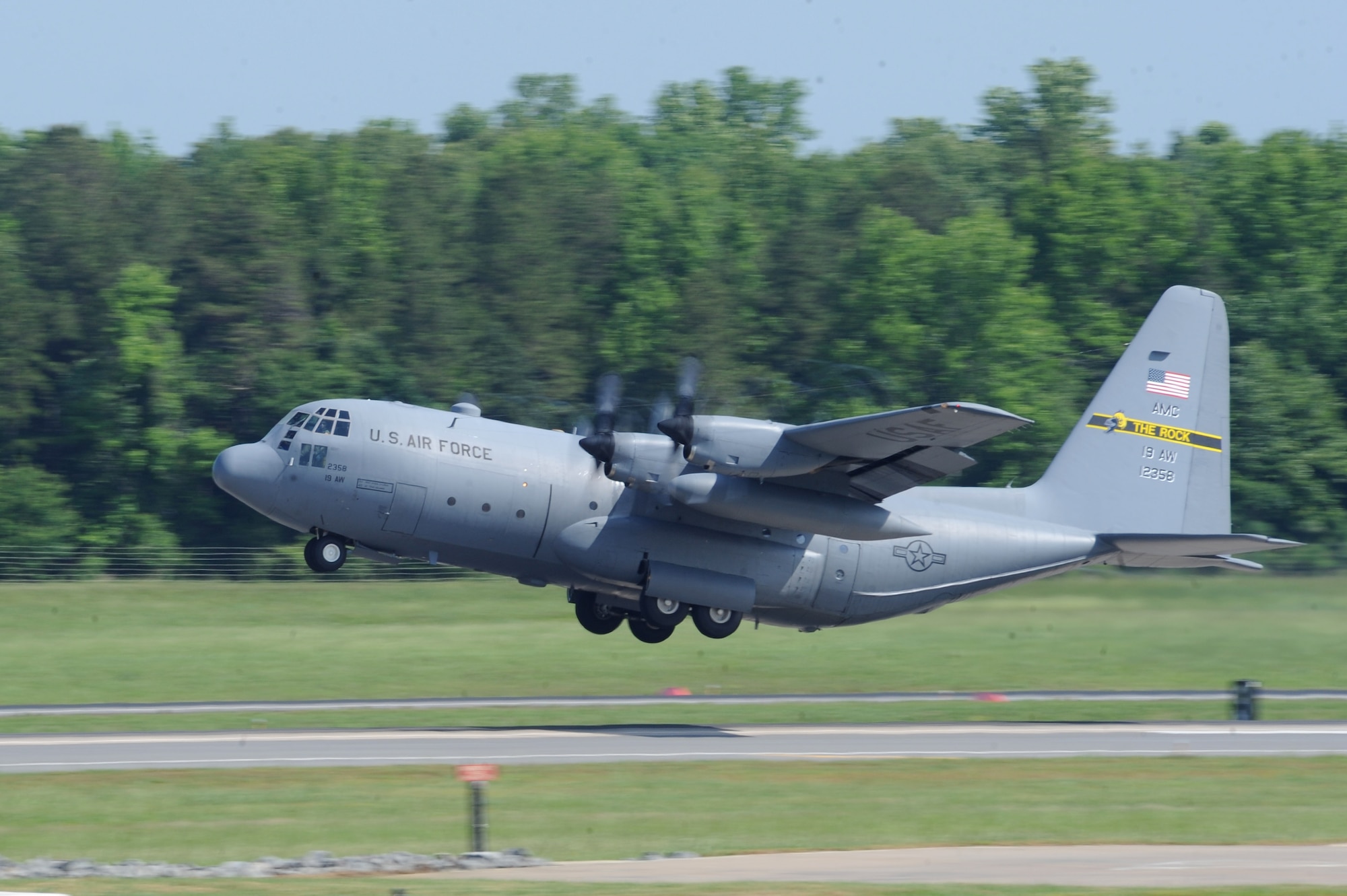 C-130E 61-2358 takes off from the base flight line for the last time, May 1, 2012, at Little Rock Air Force Base, Ark. (U.S. Air Force photo by Tech. Sgt. Chad Chisholm)