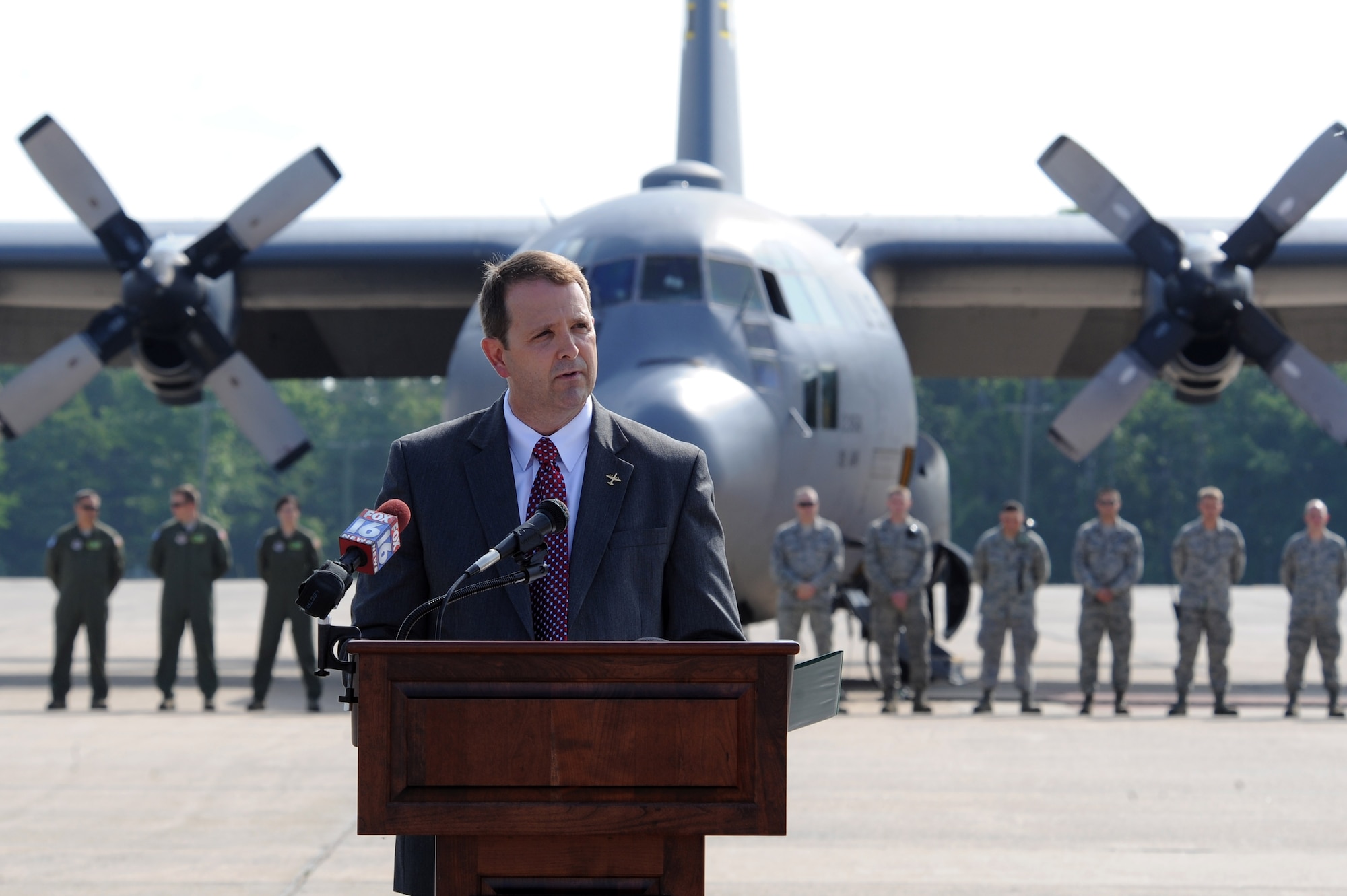 Fred Ross, Vice President of C-130 Programs for Lockheed Martin, speaks to an audience attending the retirement of C130E 61-2358, May 1, 2012, at Little Rock Air Force Base, Ark. (U.S. Air Force photo by Tech. Sgt. Chad Chisholm)