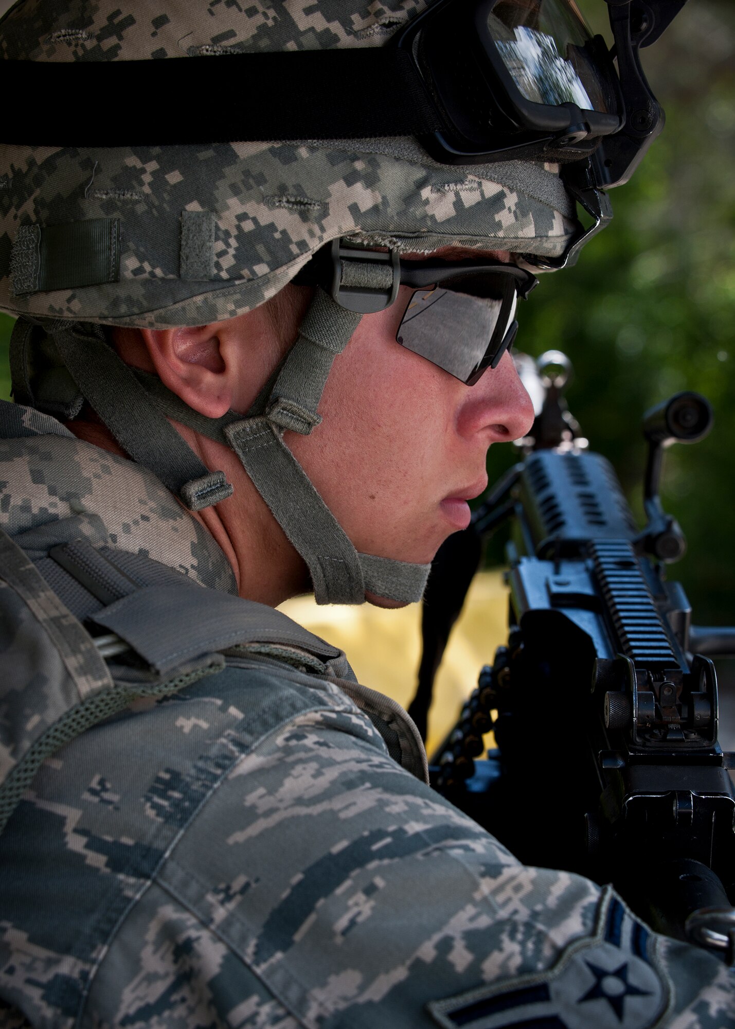 Airman 1st Class Ryan Moulton, of the 49th Security Forces Squadron, stands guard at his camp’s entry control point during the three-day Brave Defender field training exercise April 28 at Eglin Air Force Base, Fla.  The exercise is the culmination of Air Force Materiel Command’s six-week security forces deployment training, administered by the 96th Ground Combat Training Squadron. GCTS instructors teach 10 training classes a year, which consists of improvised explosive device detection and reaction, operating in an urban environment, mission planning, land navigation, casualty care and more. More than 100 active-duty and National Guard Airmen attended this training. (U.S. Air Force photo/Samuel King Jr.)