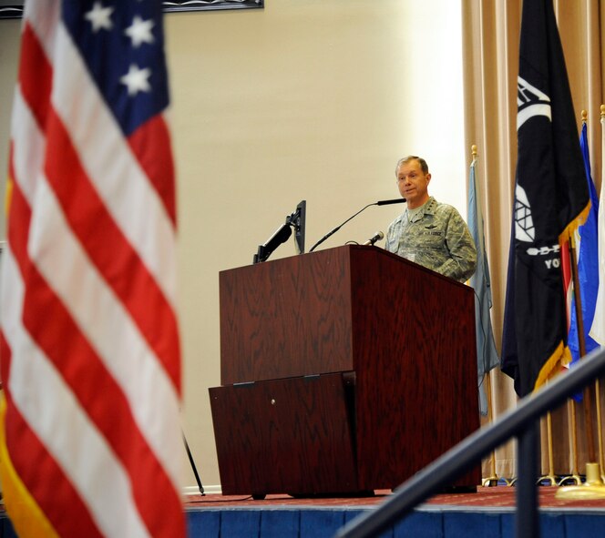Gen. William Fraser, U.S. Transportation Command commander, addresses veterans at the 2012 Prisoner of War/Purple Heart Luncheon on Barksdale Air Force Base, La., April 27. Fraser gave the key note speech at the luncheon expressing gratitude to the men who suffered as prisoners of war. (U.S. Air Force photo/Airman 1st Class Andrew Moua)(RELEASED)