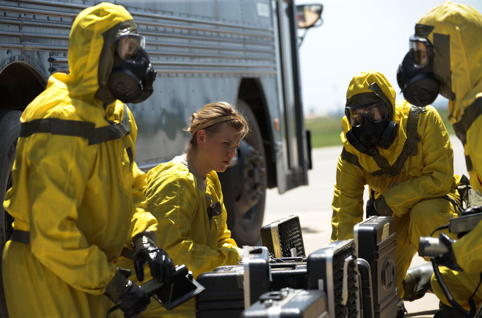 Emergency management technicians prepare their radiation detection equipment during a field training exercise April 27, 2012, at Incirlik Air Base, Turkey. The exercise tested emergency management's ability to respond effectively to an incident. (U.S. Air Force photo by Senior Airman Jarvie Z. Wallace/Released)
