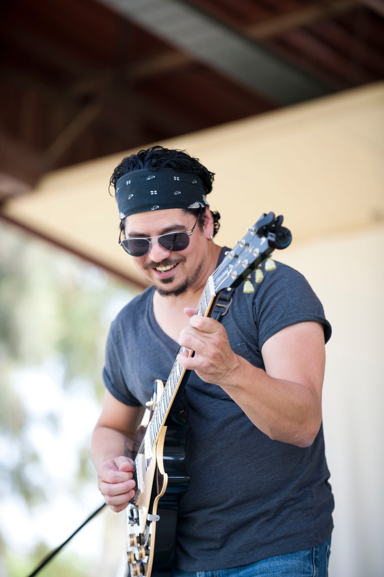Ruben V, a Texas blues and rock band, performs during the Spring Fling April 28, 2012, at Incirlik Air Base, Turkey. The band traveled from San Antonio to perform at the Spring Fling, which include various fair-style activities. (U.S. Air Force photo by Senior Airman Clayton Lenhardt/Released)