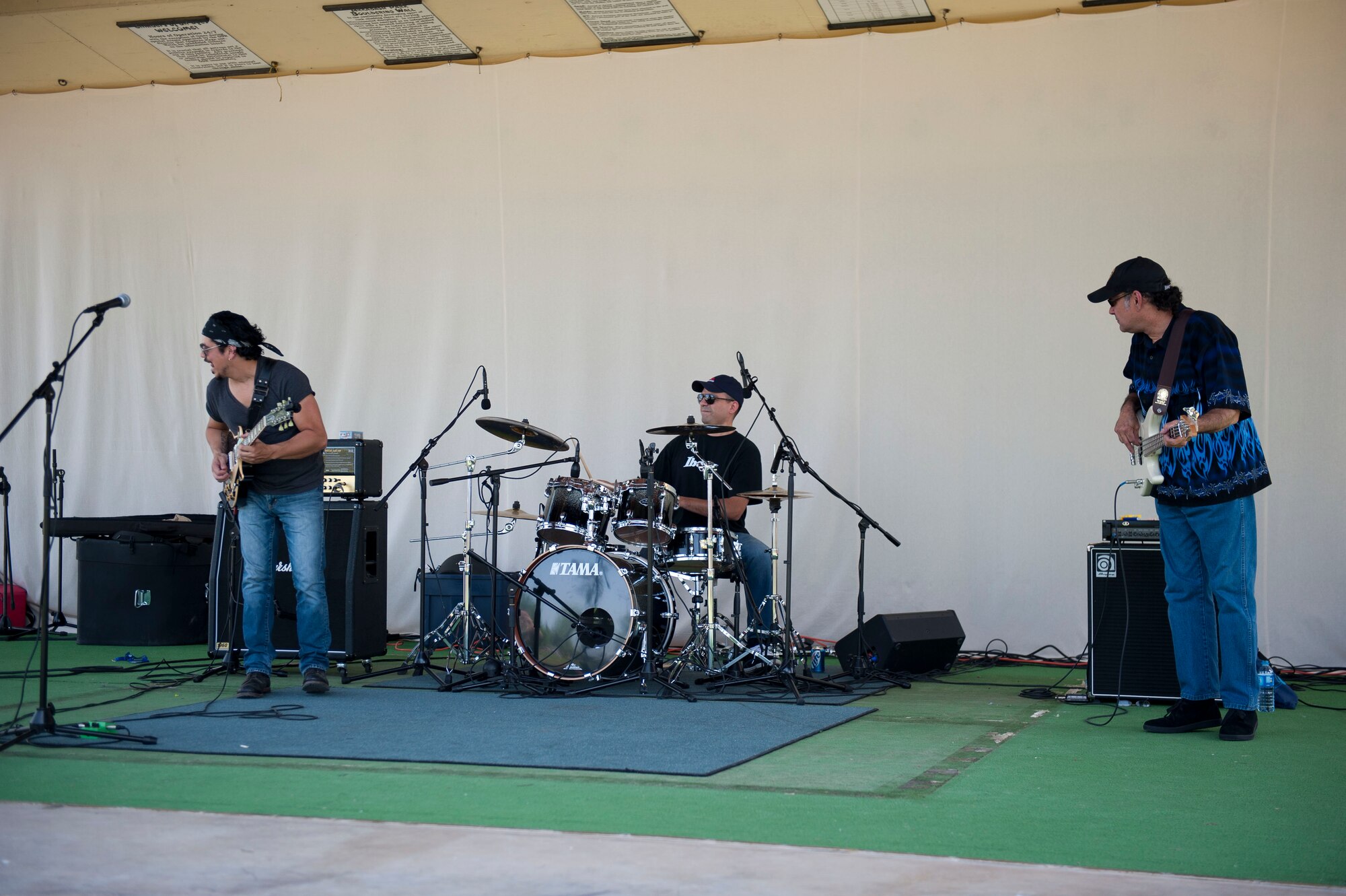 Ruben V, a Texas blues and rock band, performs during the Spring Fling April 28, 2012, at Incirlik Air Base, Turkey. The band traveled from San Antonio to perform at the Spring Fling, which include various fair-style activities. (U.S. Air Force photo by Senior Airman Clayton Lenhardt/Released)