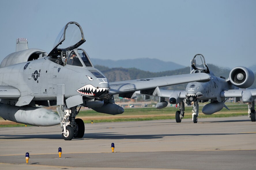 The 75th Expeditionary Fighter Squadron from Moody Air Force base, Ga., landed nine A-10C Thunderbolt II aircraft at Osan Air Base, Republic of Korea, April 30, 2012. The 75th EFS deployed approximately 250 Airmen and 12 aircraft to Korea as part of a routine theater support package. The A-10C Thunderbolt II aircraft is designed to provide close air support for ground troops and can also carry air-to-air missiles. (U.S. Air Force photo/Staff Sgt. Craig Cisek)