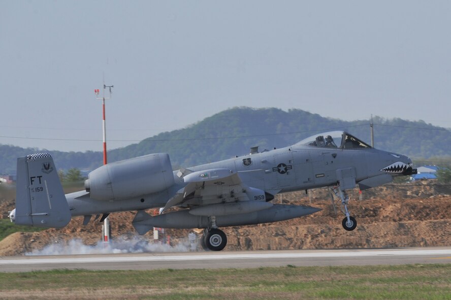 The 75th Expeditionary Fighter Squadron from Moody Air Force base, Ga., landed nine A-10C Thunderbolt II aircraft at Osan Air Base, Republic of Korea, April 30, 2012. The 75th EFS deployed approximately 250 Airmen and 12 aircraft to Korea as part of a routine theater support package. The A-10C Thunderbolt II aircraft is designed to provide close air support for ground troops and can also carry air-to-air missiles. (U.S. Air Force photo/Staff Sgt. Craig Cisek)