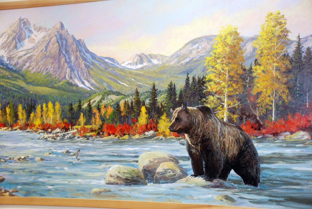 Painting of a bear and a mountain by Lee Jensen. Bonneville Lock and Dam is known for many things, like history and hydropower, but artwork? Lee Jensen, who worked there between 1991 and 2001, left his mark ... in a very creative way.