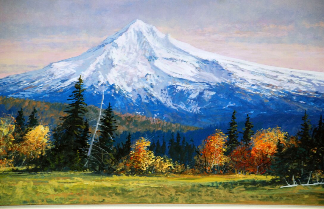 Painting of a mountain landscape by Lee Jensen. Bonneville Lock and Dam is known for many things, like history and hydropower, but artwork? Lee Jensen, who worked there between 1991 and 2001, left his mark ... in a very creative way.