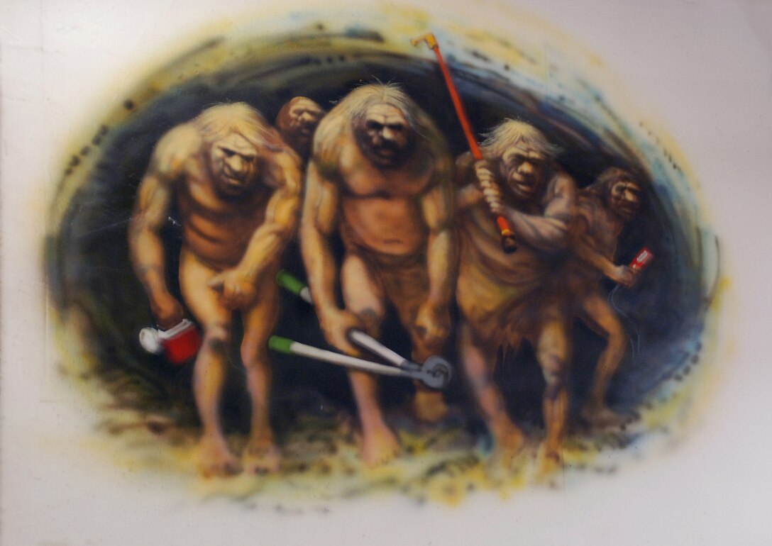 Painting of "cavemen workers" by Lee Jensen. Bonneville Lock and Dam is known for many things, like history and hydropower, but artwork? Lee Jensen, who worked there between 1991 and 2001, left his mark ... in a very creative way.