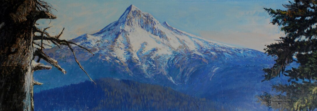 Painting of a mountain landscape by Lee Jensen. Bonneville Lock and Dam is known for many things, like history and hydropower, but artwork? Lee Jensen, who worked there between 1991 and 2001, left his mark ... in a very creative way.