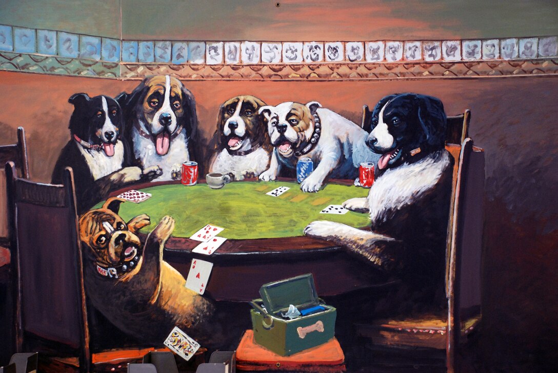 Mural depicting dogs playing cards, painted  by Lee Jensen. Bonneville Lock and Dam is known for many things, like history and hydropower, but artwork? Lee Jensen, who worked there between 1991 and 2001, left his mark ... in a very creative way.