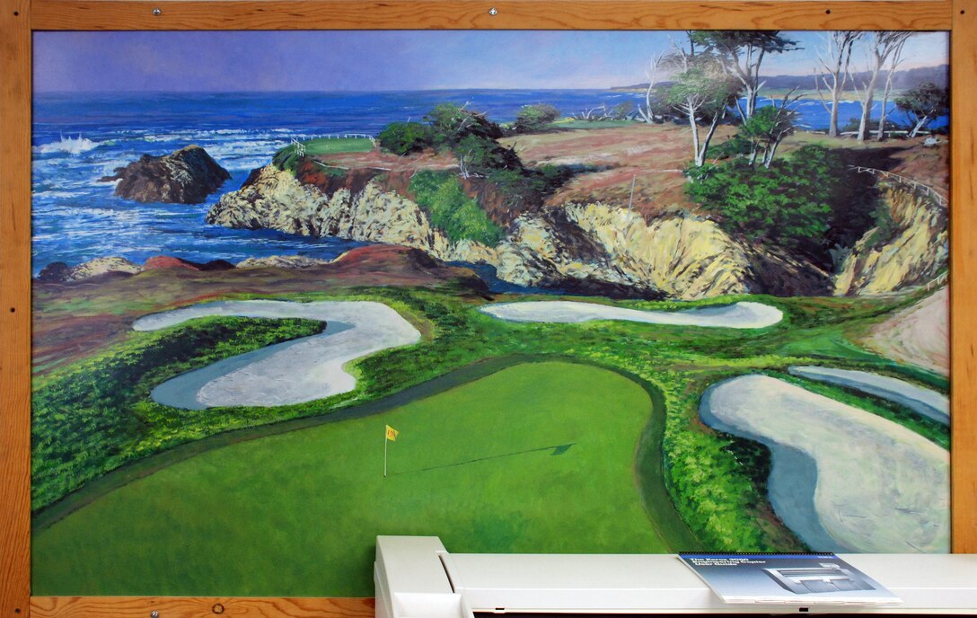 Mural showing an oceanside golf course, painted  by Lee Jensen. Bonneville Lock and Dam is known for many things, like history and hydropower, but artwork? Lee Jensen, who worked there between 1991 and 2001, left his mark ... in a very creative way.