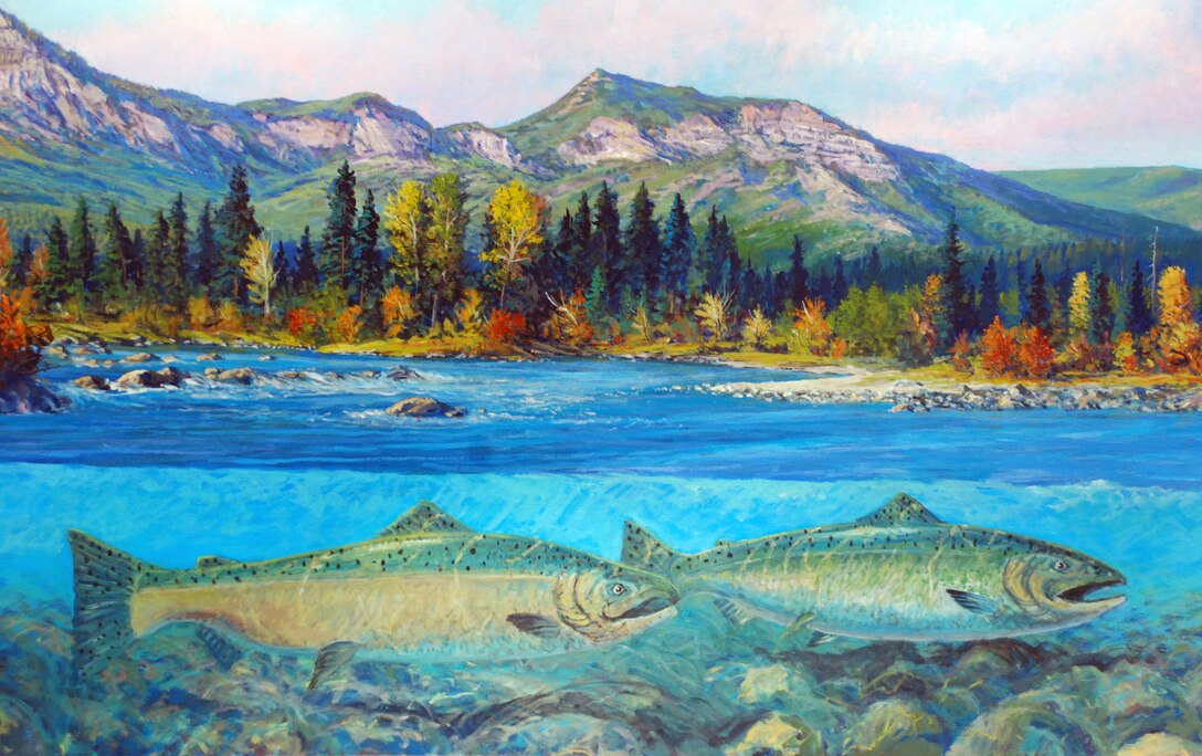 Mural showing fish migrating up the Columbia, painted  by Lee Jensen. Bonneville Lock and Dam is known for many things, like history and hydropower, but artwork? Lee Jensen, who worked there between 1991 and 2001, left his mark ... in a very creative way.