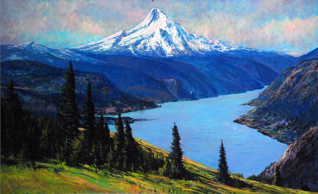 Mural of Mount Hood painted  by Lee Jensen. Bonneville Lock and Dam is known for many things, like history and hydropower, but artwork? Lee Jensen, who worked there between 1991 and 2001, left his mark ... in a very creative way.