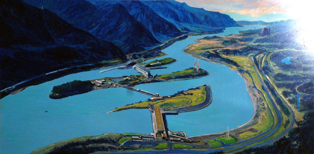 Mural showing an aerial view of Bonneville Lock and Dam, painted  by Lee Jensen. Bonneville Lock and Dam is known for many things, like history and hydropower, but artwork? Lee Jensen, who worked there between 1991 and 2001, left his mark ... in a very creative way.