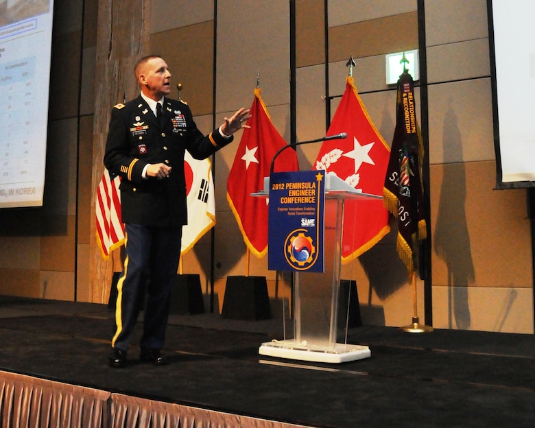 Col. Donald E. Degidio, Jr., Commander of the U.S. Army Corps of Engineers, Far East District, gives his presentation during the Society of American Military Engineers Peninsula Engineer Conference April 4.  Degidio introduced SAME members to the role FED plays in both armistice and contingency as an integral part of the ROK-U.S. Alliance.  