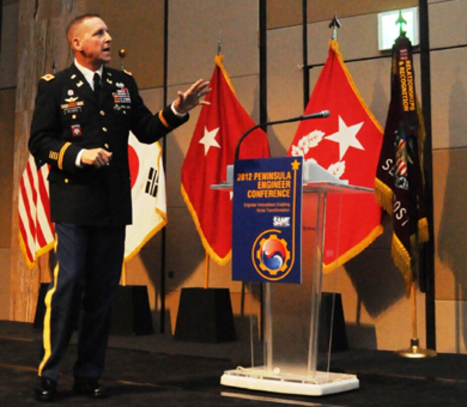 Col. Donald E. Degidio, Jr., Commander of the U.S. Army Corps of Engineers, Far East District, gives his presentation during the Society of American Military Engineers Peninsula Engineer Conference April 4.  Degidio introduced SAME members to the role FED plays in both armistice and contingency as an integral part of the ROK-U.S. Alliance.  