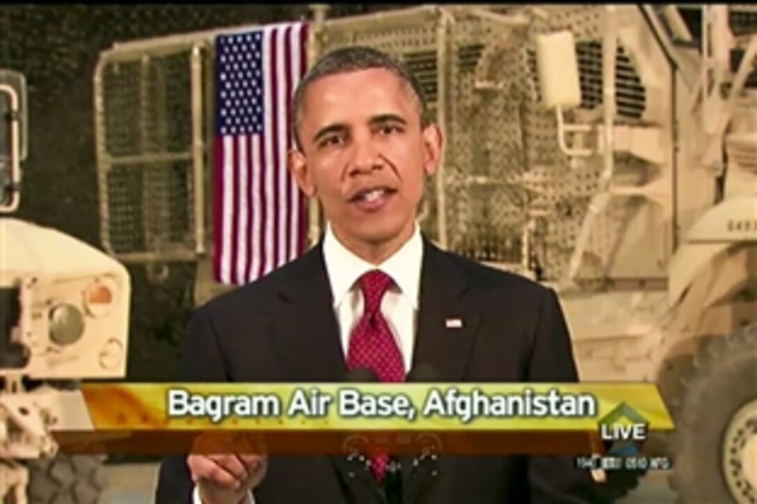 U.S. President Barack Obama addresses the nation on the way forward in Afghanistan during a whirlwind visit to Kabul, Afghanistan, May 1, 2012.