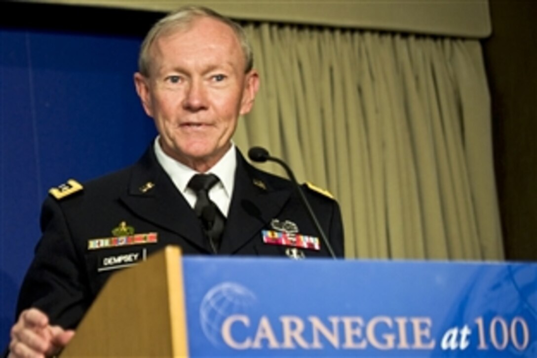 Army Gen. Martin E. Dempsey, chairman of the Joint Chiefs of Staff, speaks at the Carnegie Endowment for International Peace in Washington, D.C., May 1, 2012.