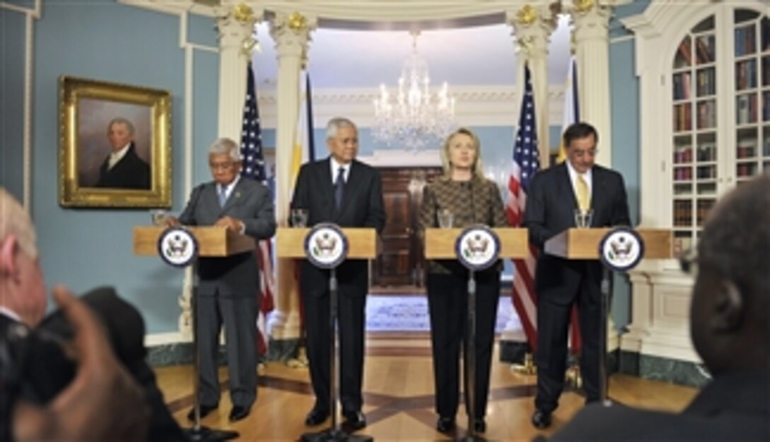 Philippines Secretary of National Defense Voltaire Gazmin (left), Philippines Secretary of Foreign Affairs Albert del Rosario, Secretary of State Hillary R. Clinton and Secretary of Defense Leon E. Panetta conduct a joint press conference after meeting at the State Department in Washington, D.C., on April 30, 2012.  